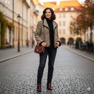 Anthracite Silk Blend Tweed Jacket Size 16 Brown Gold Rabbit Fur Trim Metallic